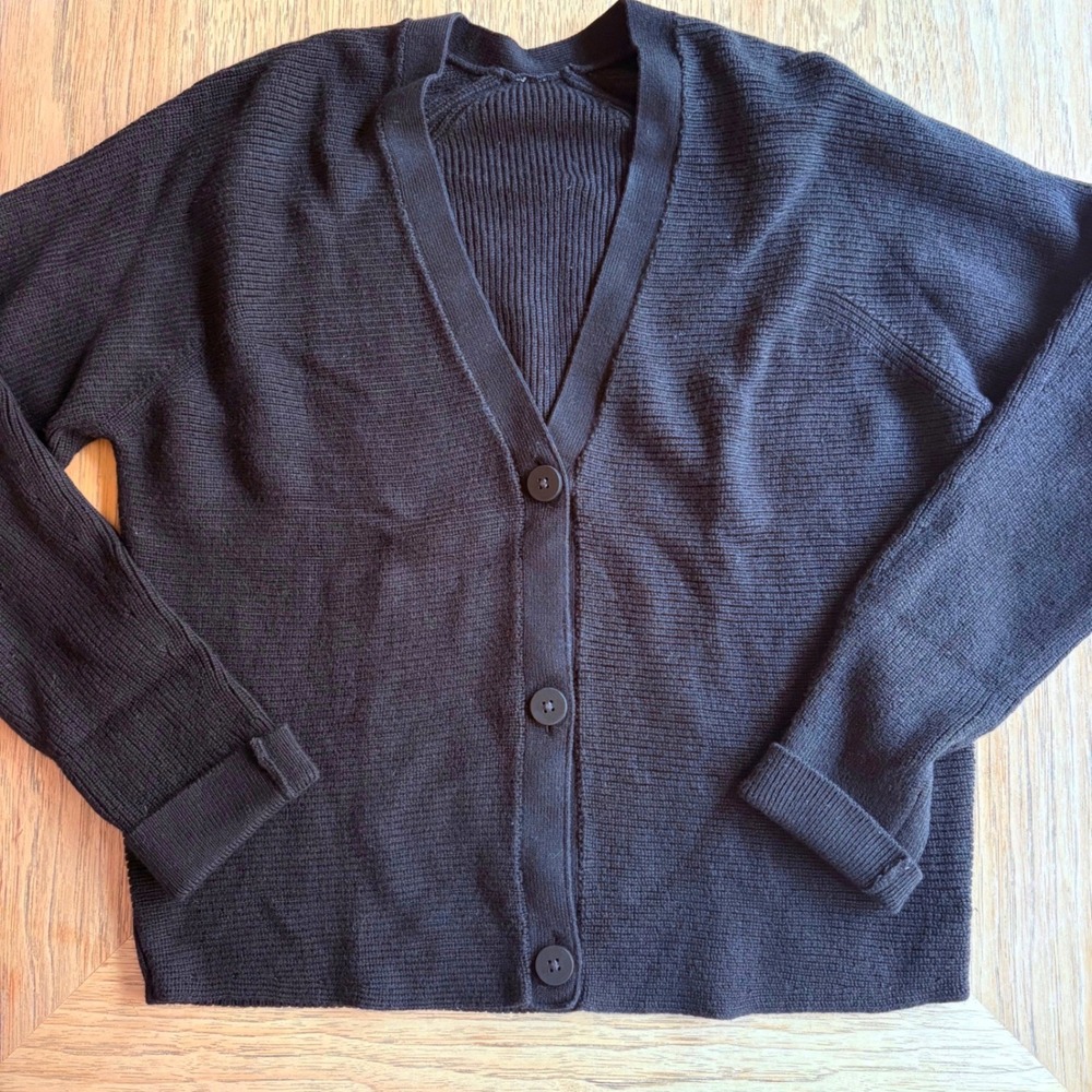 LULULEMON Blk Merino Wool Blend Ribbed Knit Button Front Cardigan Sweater Wmn S - Picture 2 of 9